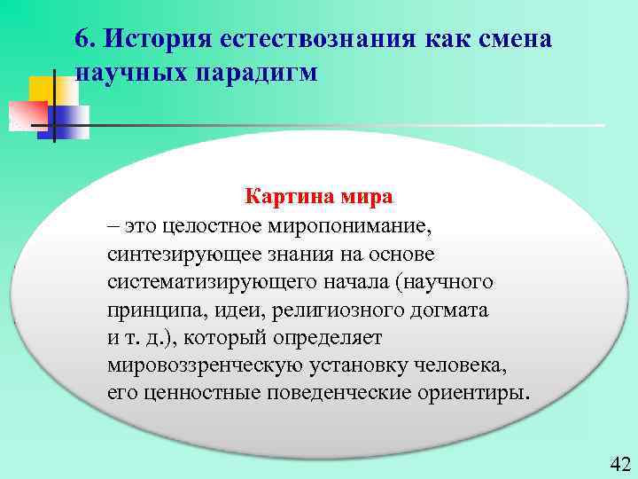 6. История естествознания как смена научных парадигм Картина мира – это целостное миропонимание, синтезирующее