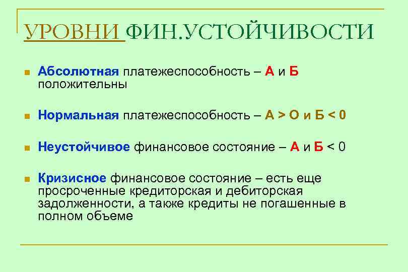 УРОВНИ ФИН. УСТОЙЧИВОСТИ n Абсолютная платежеспособность – А и Б положительны n Нормальная платежеспособность