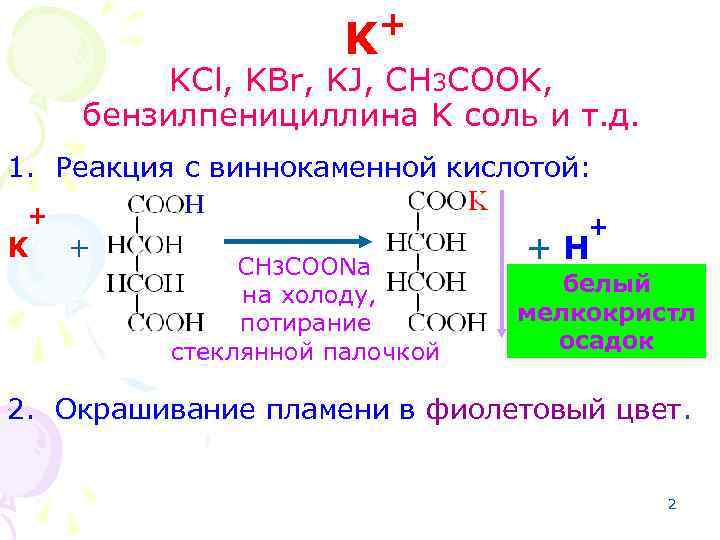 K + KCl, KBr, KJ, CH 3 COOK, бензилпенициллина K соль и т. д.