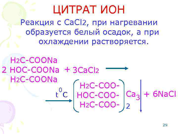 ЦИТРАТ ИОН Реакция с Ca. Cl 2, при нагревании образуется белый осадок, а при