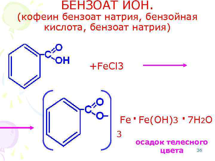 БЕНЗОАТ ИОН. (кофеин бензоат натрия, бензойная кислота, бензоат натрия) +Fe. Cl 3 . .
