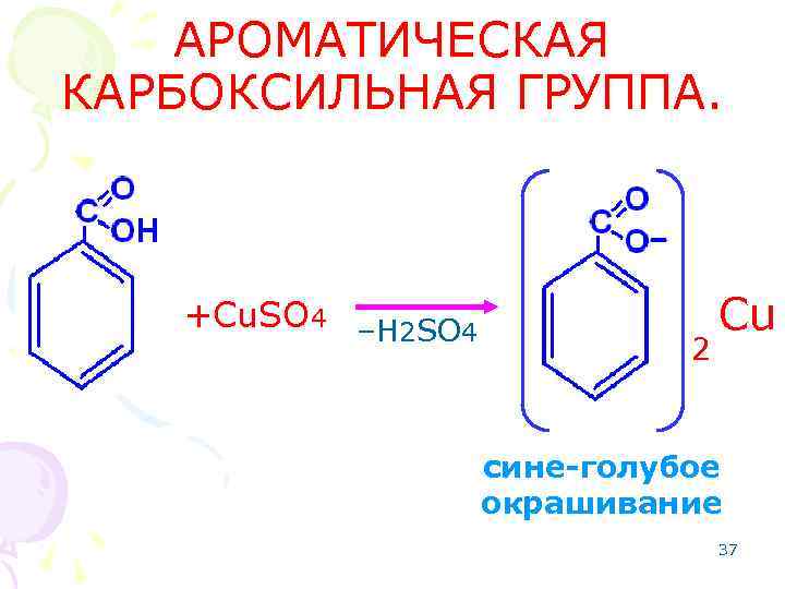 АРОМАТИЧЕСКАЯ КАРБОКСИЛЬНАЯ ГРУППА. +Cu. SO 4 –H 2 SO 4 2 Cu сине-голубое окрашивание