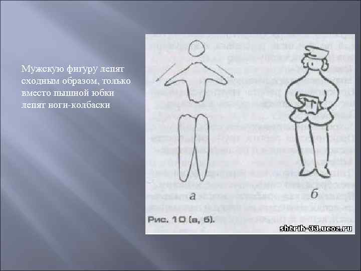 Мужскую фигуру лепят сходным образом, только вместо пышной юбки лепят ноги-колбаски 