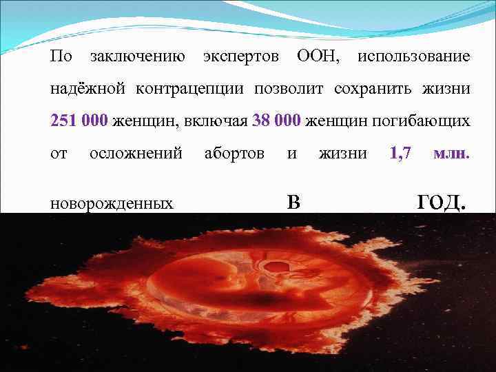По заключению экспертов ООН, использование надёжной контрацепции позволит сохранить жизни 251 000 женщин, включая