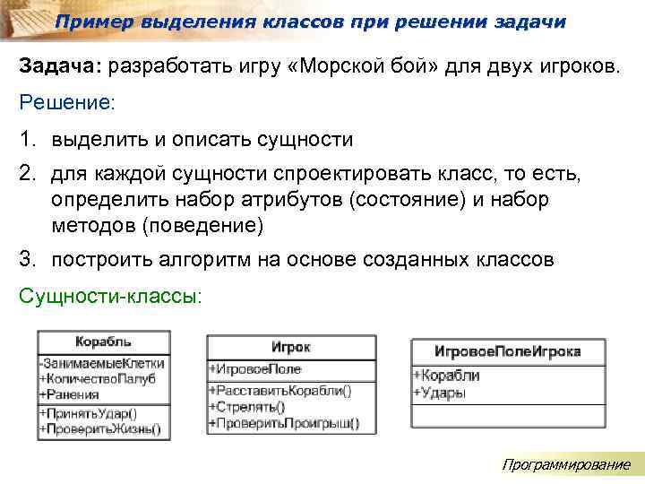 Пример выделения классов при решении задачи Задача: разработать игру «Морской бой» для двух игроков.