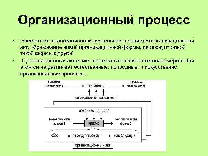 Организационный процесс • • Элементом организационной деятельности является организационный акт, образование новой организационной формы,