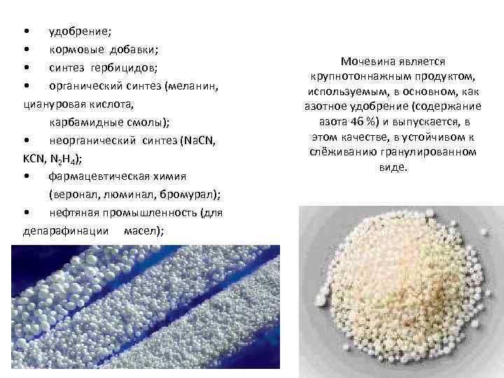  • удобрение; • кормовые добавки; • синтез гербицидов; • органический синтез (меланин, циануровая