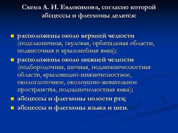 Схема А. И. Евдокимова, согласно которой абсцессы и флегмоны делятся: n n расположены около