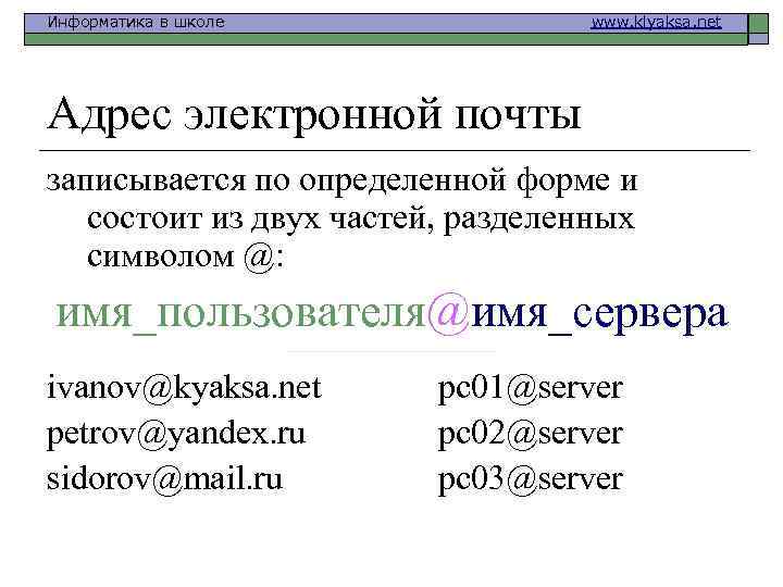 Информатика в школе www. klyaksa. net Адрес электронной почты записывается по определенной форме и