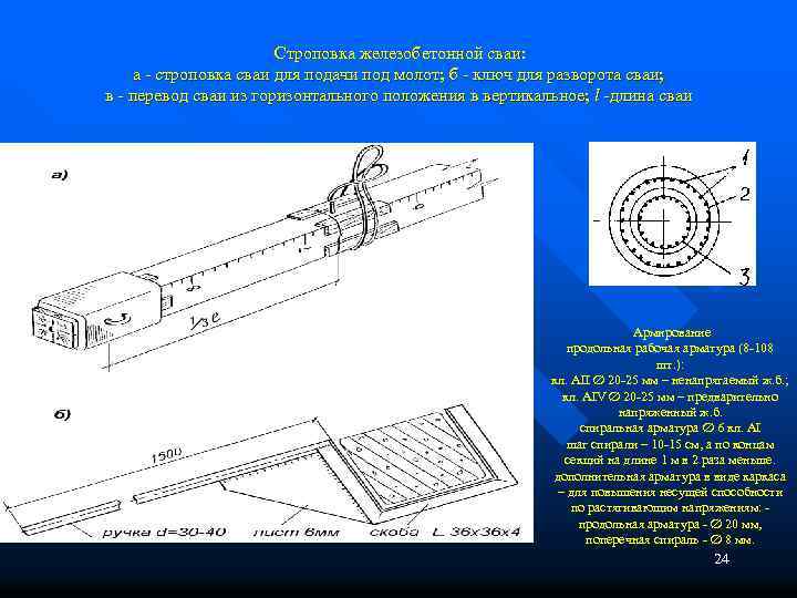  Строповка железобетонной сваи: а строповка сваи для подачи под молот; б ключ для