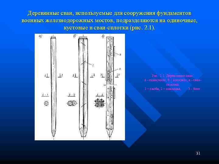 Деревянные сваи, используемые для сооружения фундаментов военных железнодорожных мостов, подразделяются на одиночные, кустовые и