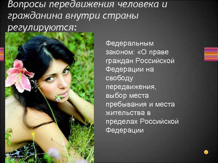 Вопросы передвижения человека и гражданина внутри страны регулируются: Федеральным законом: «О праве граждан Российской