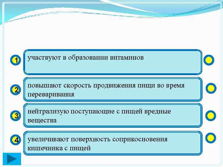 1 участвуют в образовании витаминов 2 повышают скорость продвижения пищи во время переваривания 3