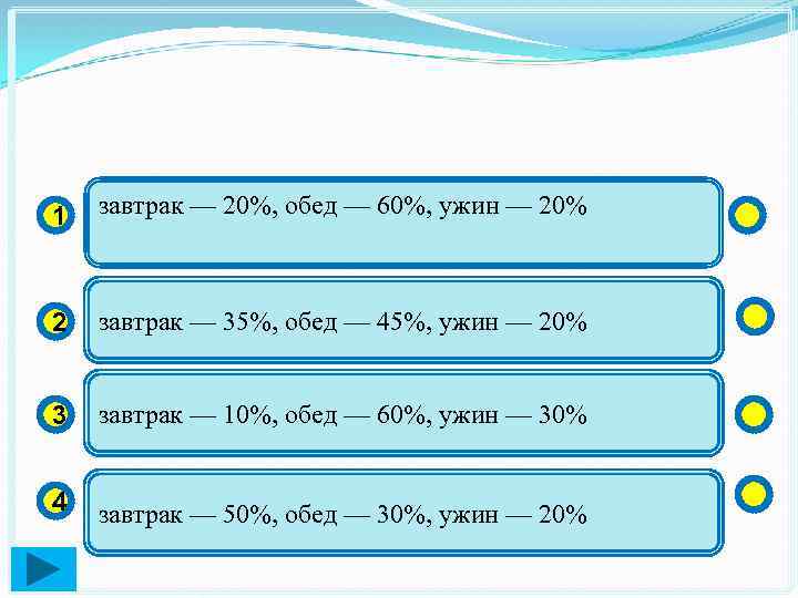 1 завтрак — 20%, обед — 60%, ужин — 20% 2 завтрак — 35%,