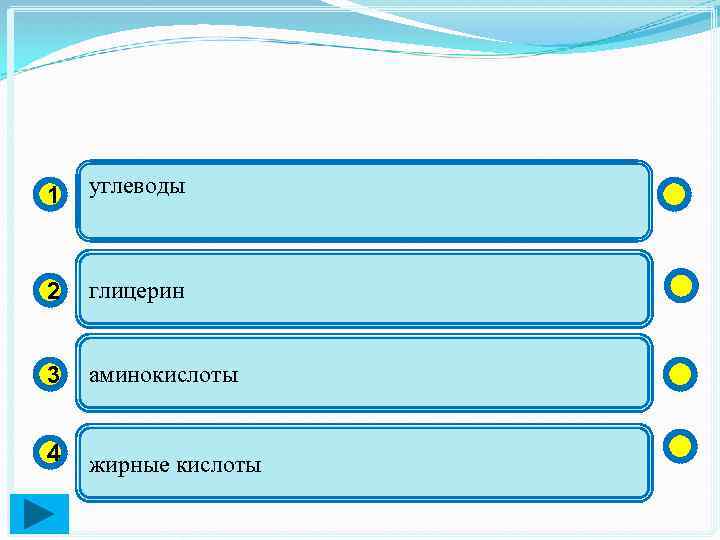 1 углеводы 2 глицерин 3 аминокислоты 4 жирные кислоты 