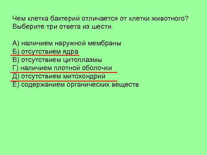 Чем клетка бактерий отличается от клетки животного? Выберите три ответа из шести. A) наличием