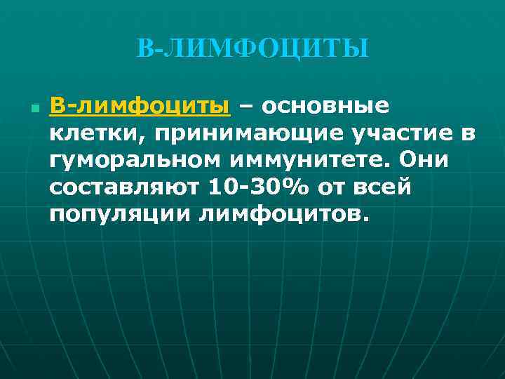 В-ЛИМФОЦИТЫ n В-лимфоциты – основные клетки, принимающие участие в гуморальном иммунитете. Они составляют 10