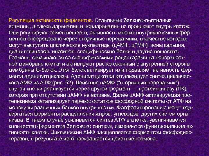 Регуляция активности ферментов. Отдельные белково-пептидные гормоны, а также адреналин и норадреналин не проникают внутрь