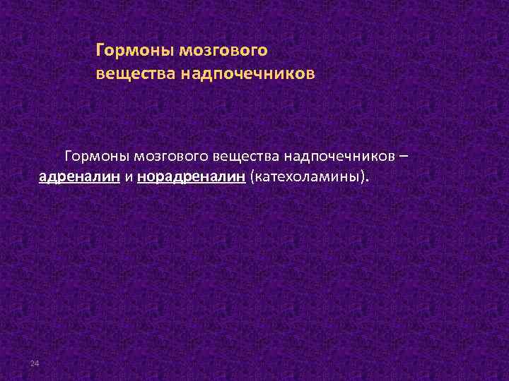 Гормоны мозгового вещества надпочечников Гормоны мозгового вещества надпочечников – адреналин и норадреналин (катехоламины). 24