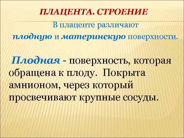 ПЛАЦЕНТА. СТРОЕНИЕ В плаценте различают плодную и материнскую поверхности. Плодная - поверхность, которая обращена