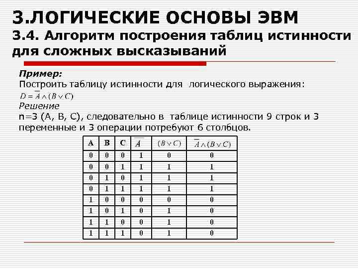 Логические таблицы информатика. Алгоритм построения таблицы истинности. Таблица истинности сложного логического выражения. Таблицы сложные истинности информатикадан. Таблица истинности сложных выражений.