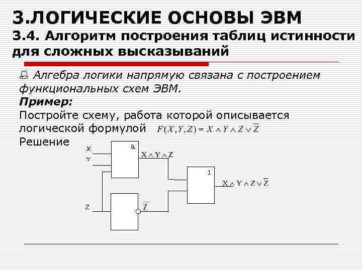 3. ЛОГИЧЕСКИЕ ОСНОВЫ ЭВМ 3. 4. Алгоритм построения таблиц истинности для сложных высказываний Алгебра