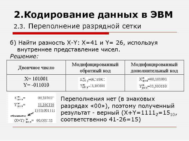 2. Кодирование данных в ЭВМ 2. 3. Переполнение разрядной сетки б) Найти разность X-Y: