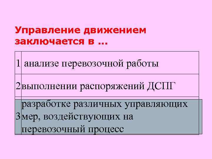 Управление движением заключается в. . . 1 анализе перевозочной работы 2 выполнении распоряжений ДСПГ