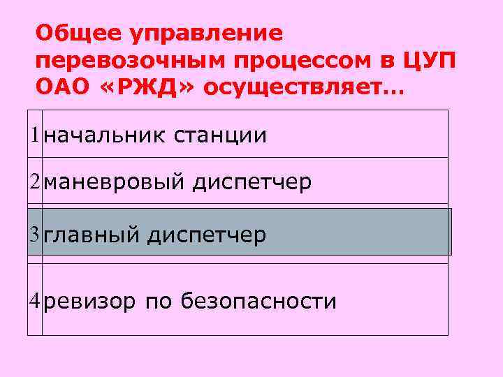 Общее управление перевозочным процессом в ЦУП ОАО «РЖД» осуществляет… 1 начальник станции 2 маневровый