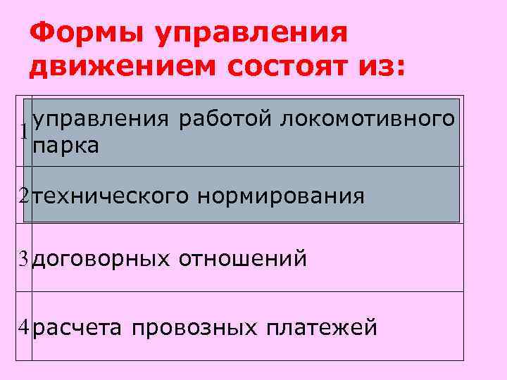 Формы управления движением состоят из: управления работой локомотивного 1 парка 2 технического нормирования 3