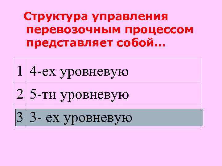 Структура управления перевозочным процессом представляет собой… 1 4 -ех уровневую 2 5 -ти уровневую