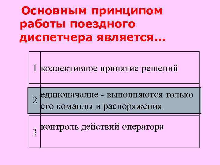 Основным принципом работы поездного диспетчера является. . . 1 коллективное принятие решений единоначалие -