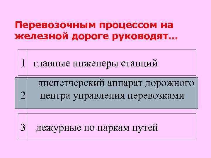Перевозочным процессом на железной дороге руководят. . . 1 главные инженеры станций 2 диспетчерский