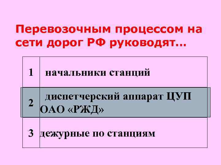 Перевозочным процессом на сети дорог РФ руководят… 1 начальники станций диспетчерский аппарат ЦУП 2