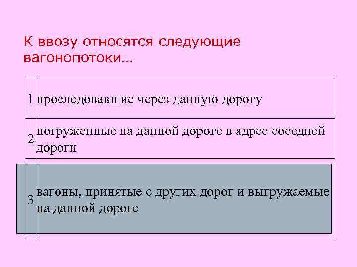 К ввозу относятся следующие вагонопотоки… 1 проследовавшие через данную дорогу погруженные на данной дороге