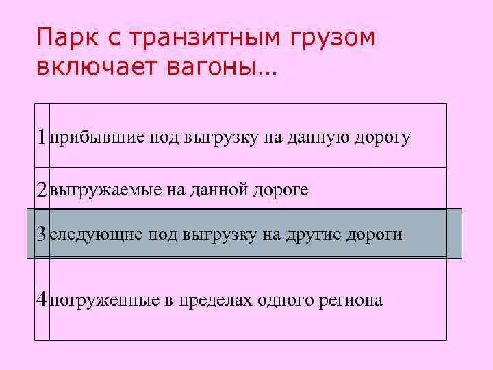Парк с транзитным грузом включает вагоны… 1 прибывшие под выгрузку на данную дорогу 2