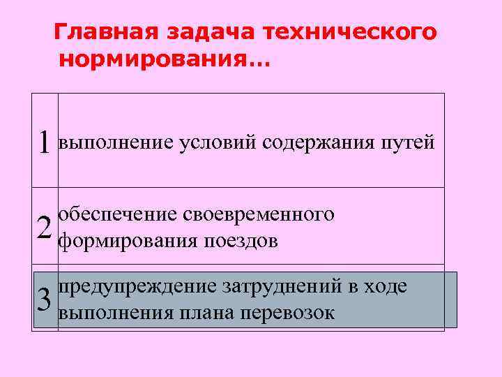 Главная задача технического нормирования… 1 выполнение условий содержания путей обеспечение своевременного 2 формирования поездов