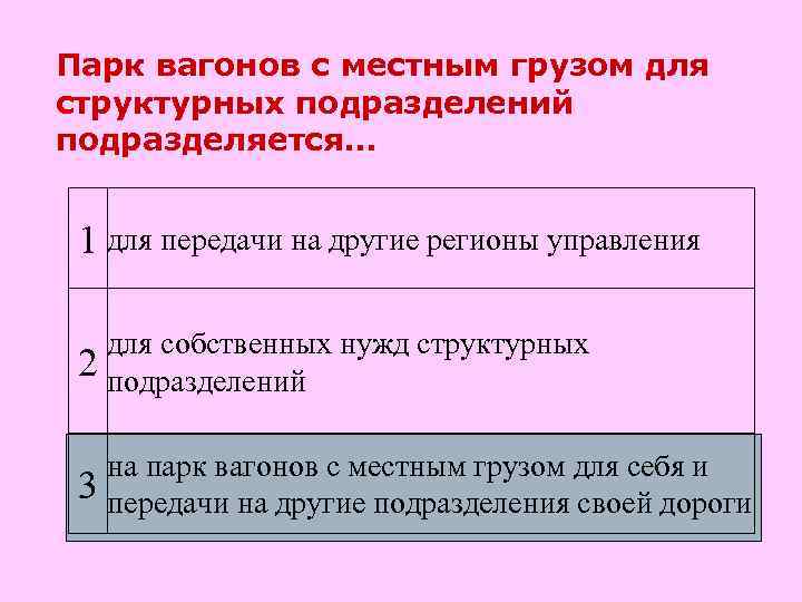 Парк вагонов с местным грузом для структурных подразделений подразделяется… 1 для передачи на другие