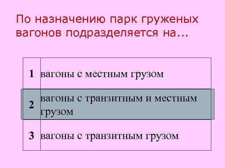 По назначению парк груженых вагонов подразделяется на. . . 1 вагоны с местным грузом