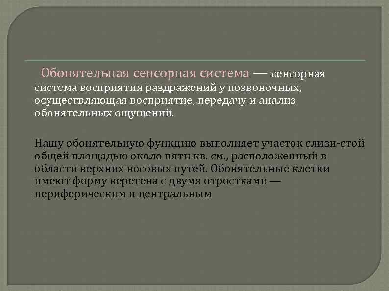  Обонятельная сенсорная система — сенсорная система восприятия раздражений у позвоночных, осуществляющая восприятие, передачу