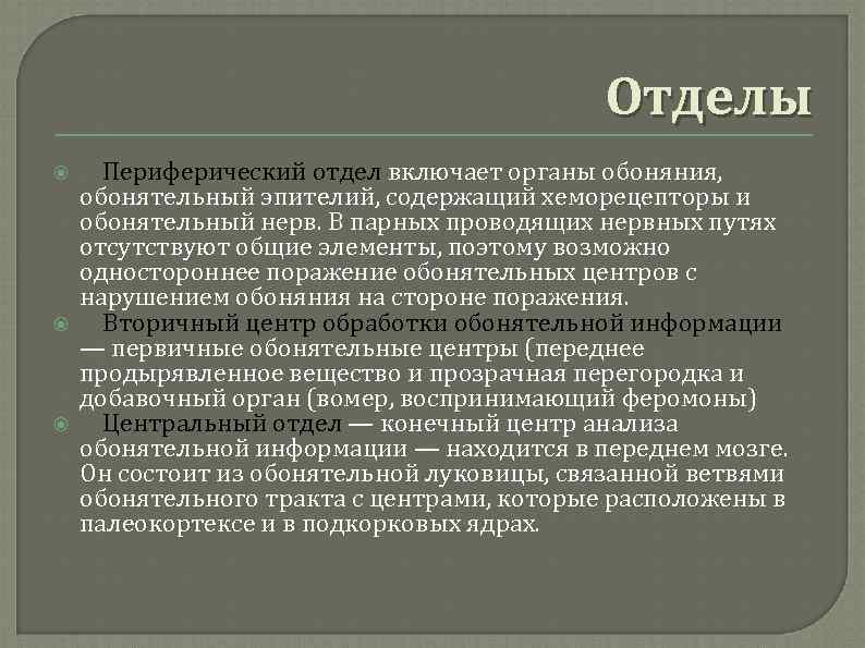 Отделы Периферический отдел включает органы обоняния, обонятельный эпителий, содержащий хеморецепторы и обонятельный нерв. В