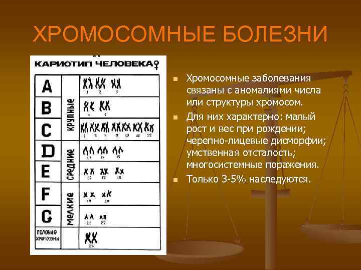 ХРОМОСОМНЫЕ БОЛЕЗНИ n Хромосомные заболевания связаны с аномалиями числа или структуры хромосом. n Для