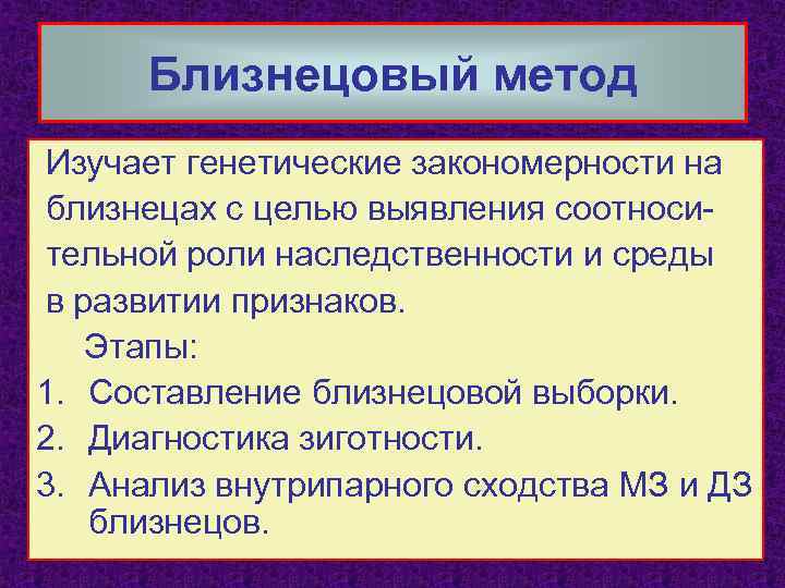 Близнецовый метод Изучает генетические закономерности на близнецах с целью выявления соотносительной роли наследственности и