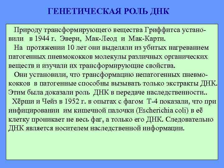 ГЕНЕТИЧЕСКАЯ РОЛЬ ДНК Природу трансформирующего вещества Гриффитса установили в 1944 г. Эвери, Мак-Леод и