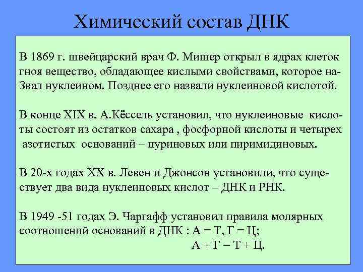 Химический состав ДНК В 1869 г. швейцарский врач Ф. Мишер открыл в ядрах клеток