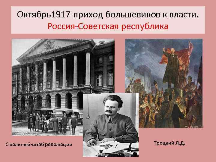 Октябрь1917 -приход большевиков к власти. Россия-Советская республика Смольный-штаб революции Троцкий Л. Д. 