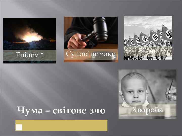 Епідемії Судові вироки Чума – світове зло Війни Хвороба 