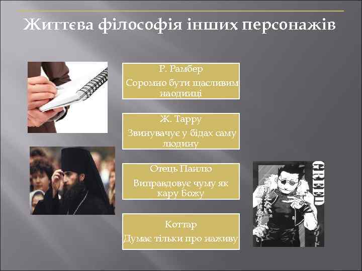 Життєва філософія інших персонажів Р. Рамбер Соромно бути щасливим наодинці Ж. Тарру Звинувачує у