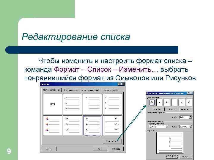 Редактирование списка Чтобы изменить и настроить формат списка – команда Формат – Список –