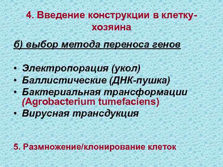 4. Введение конструкции в клеткухозяина б) выбор метода переноса генов • Электропорация (укол) •